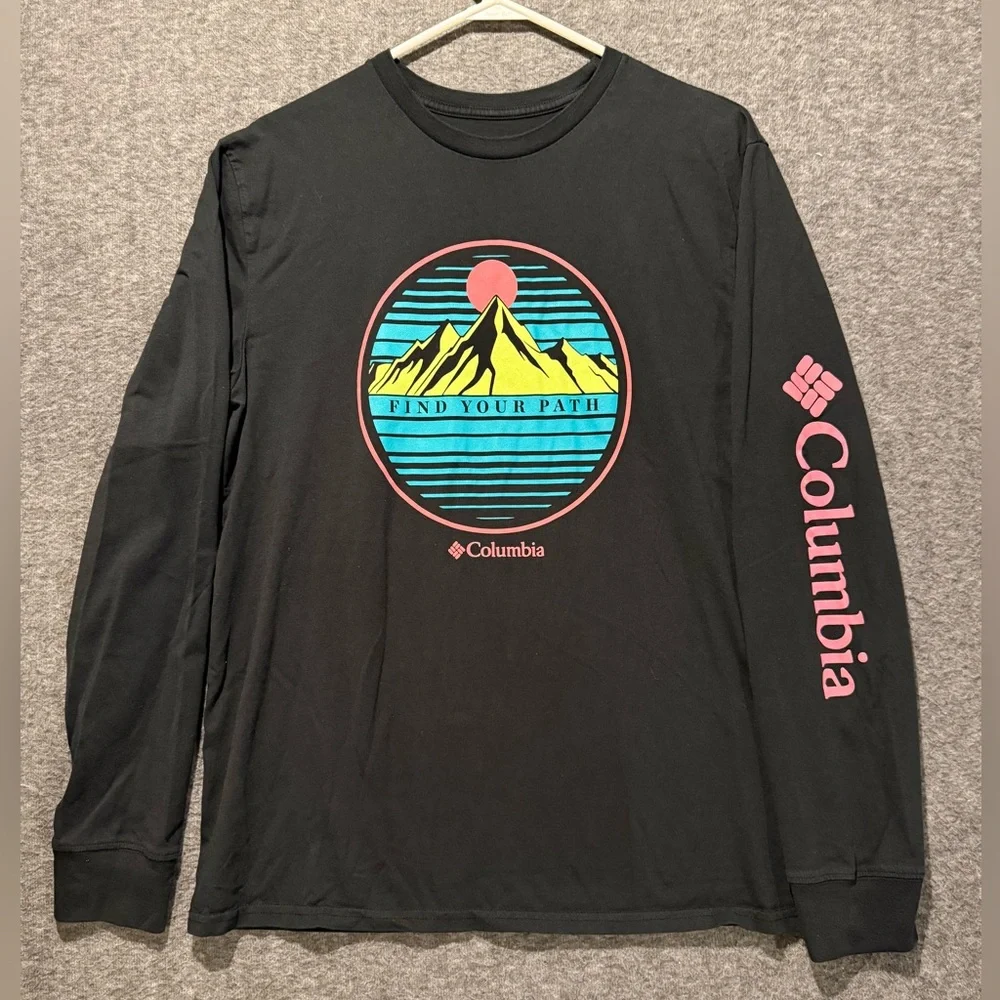 Columbia Graphic Long Sleeve Shirt Mens L black pink Find Your Path Logo Sleeve